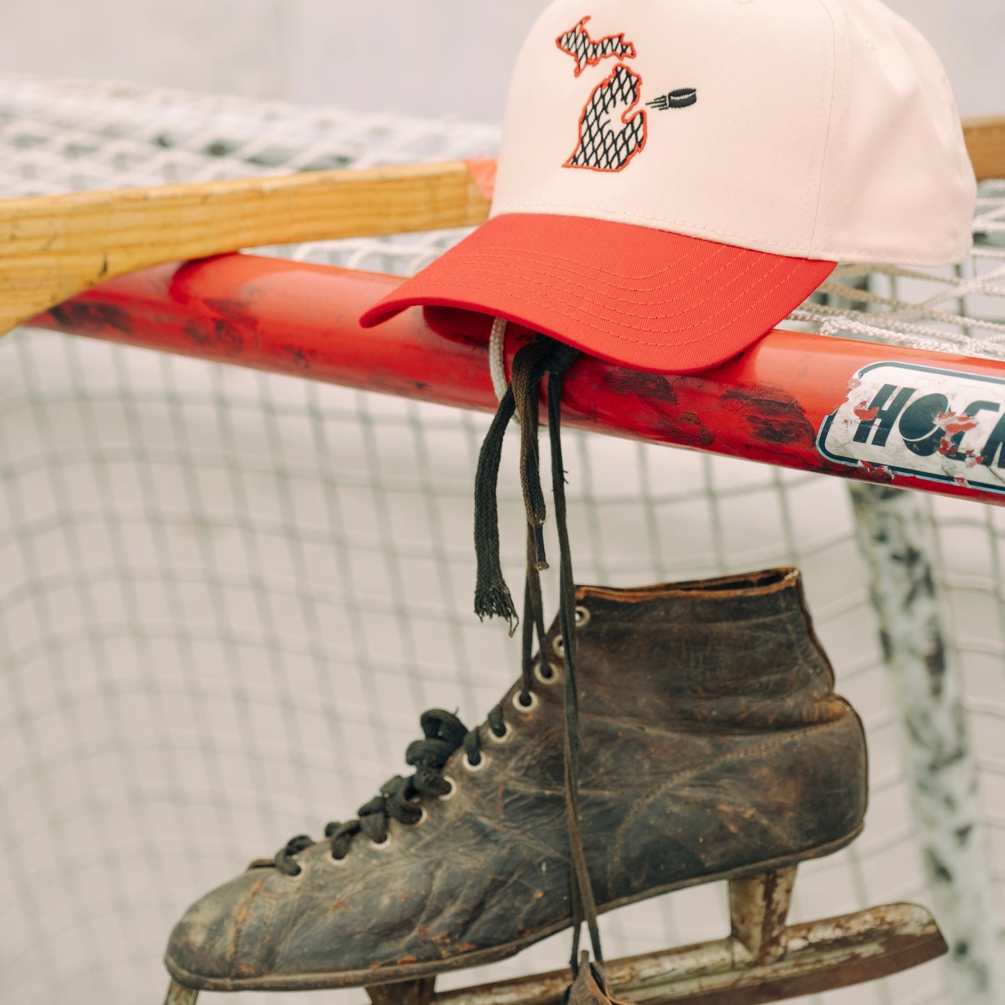 “The Michigan” Hockey Snapback: Cream / Red