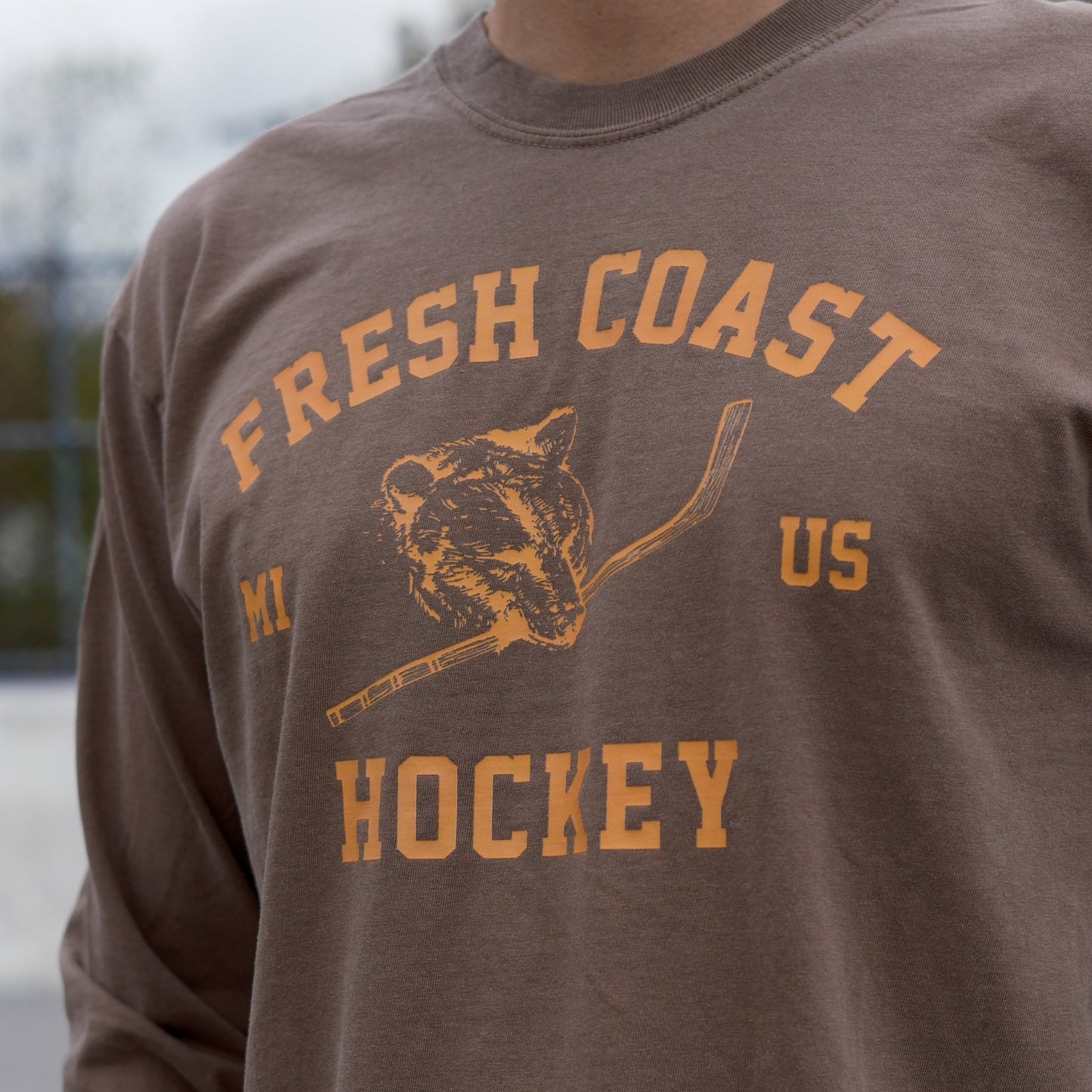 FRESH COAST HOCKEY CO. Northwood Bear Heavyweight Long Sleeve T-Shirt: Brown/Orange