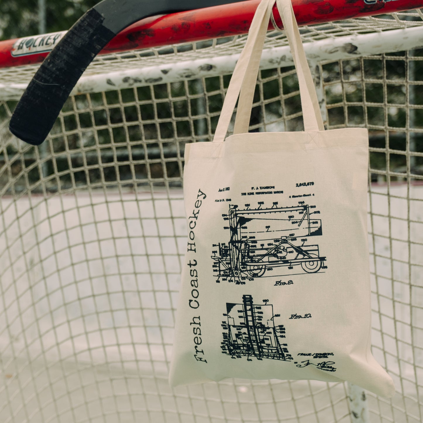 Fresh Coast Hockey Zamboni Blueprint Tote Bag: Ivory / Black