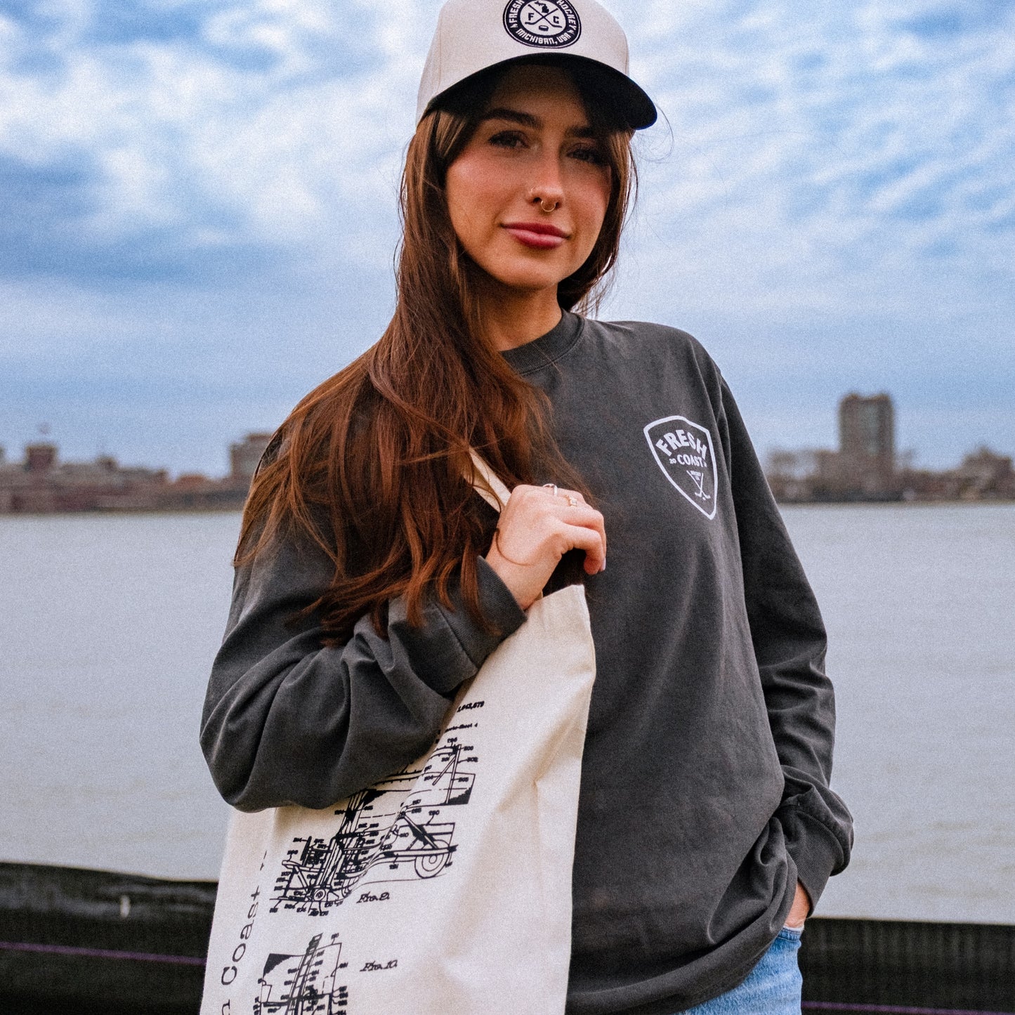 Fresh Coast Hockey Zamboni Blueprint Tote Bag: Ivory / Black