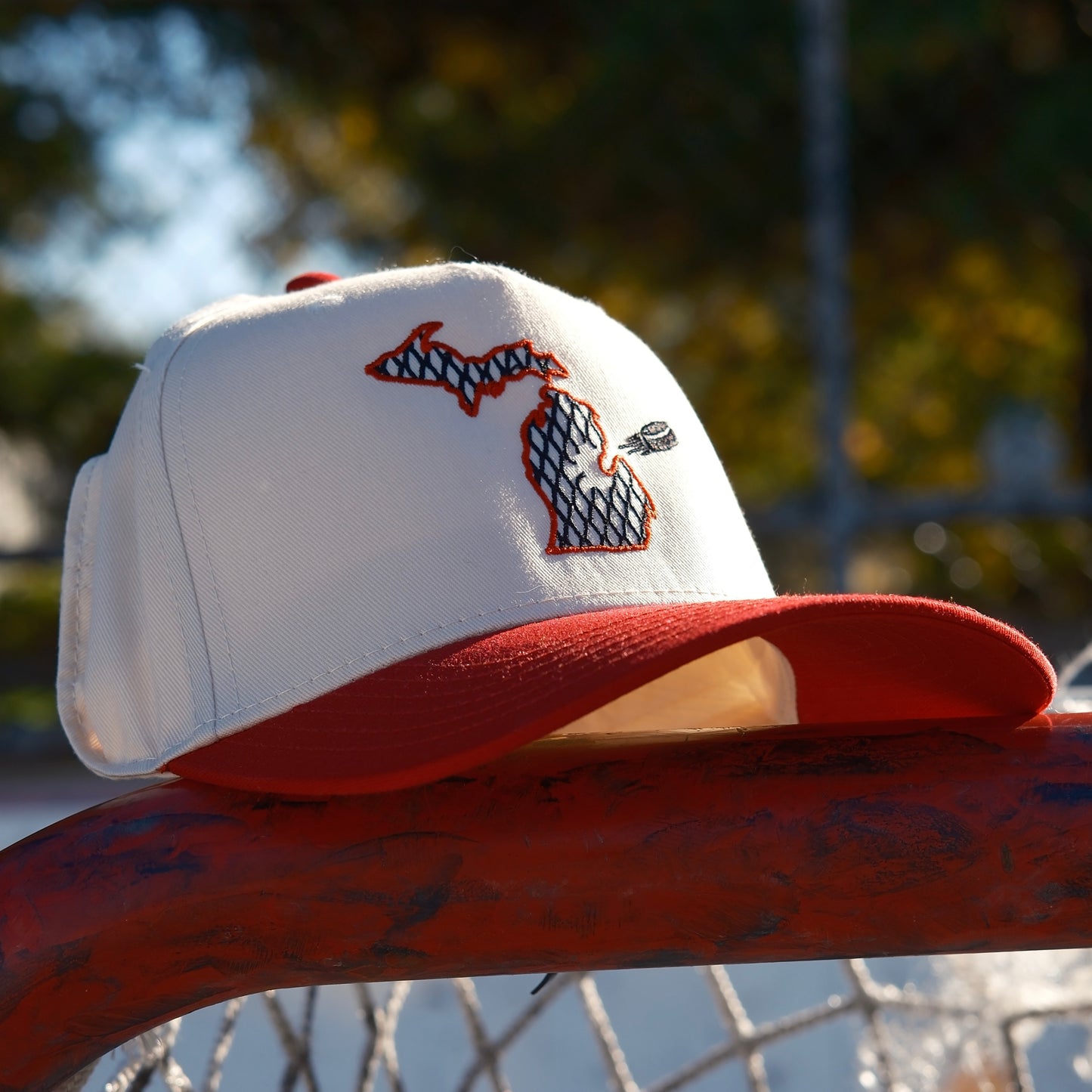 “The Michigan” Hockey Snapback: Cream / Red