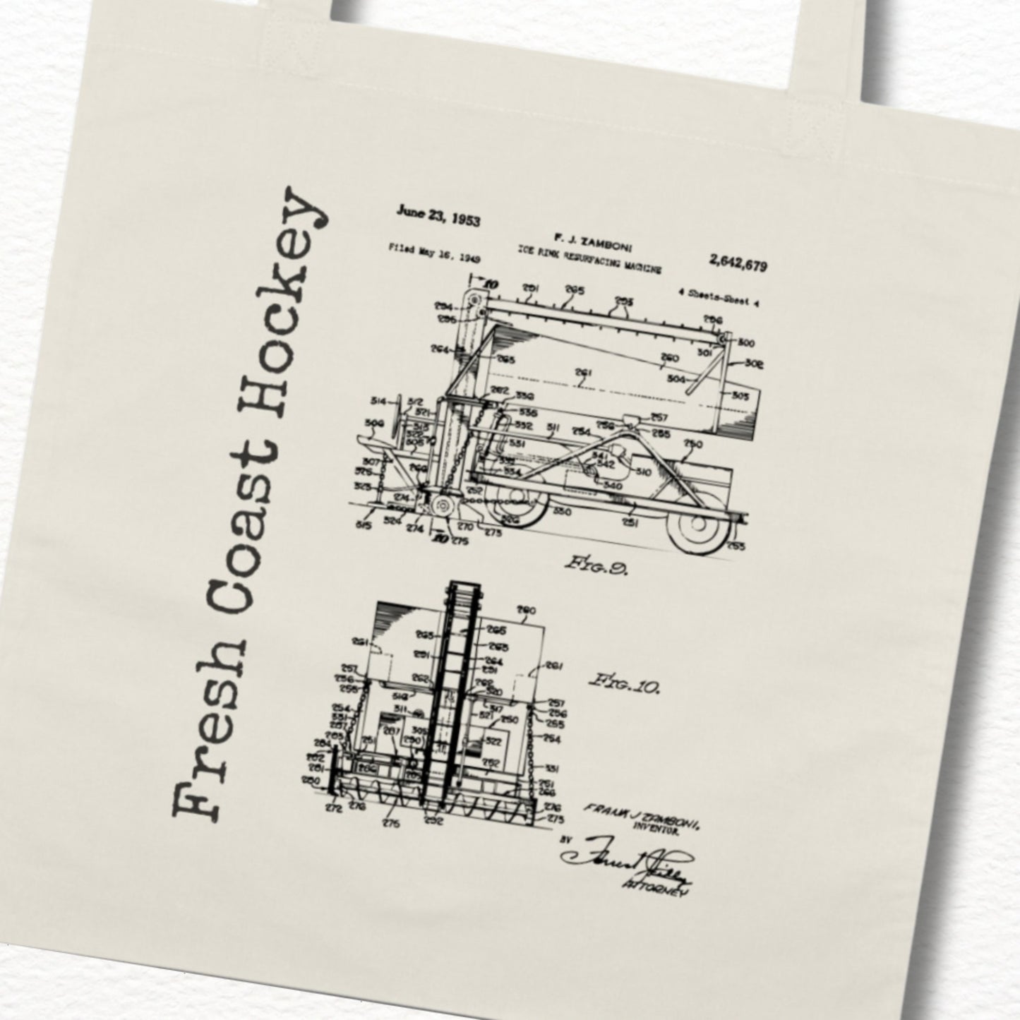 Fresh Coast Hockey Zamboni Blueprint Tote Bag: Ivory / Black