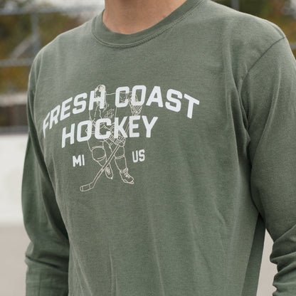 FRESH COAST HOCKEY CO. Campus Line: Green & White Long Sleeve T-Shirt