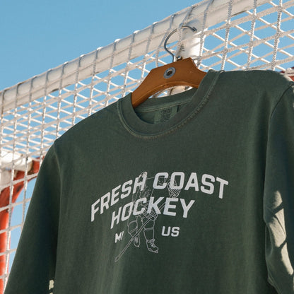 FRESH COAST HOCKEY CO. Campus Line: Green & White Long Sleeve T-Shirt