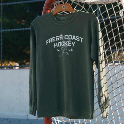 FRESH COAST HOCKEY CO. Campus Line: Green & White Long Sleeve T-Shirt