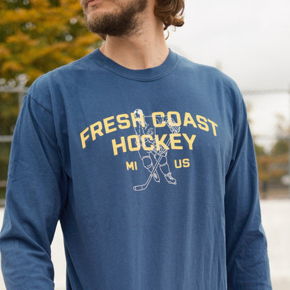 FRESH COAST HOCKEY CO. Campus Line: Maize & Blue Long Sleeve T-Shirt