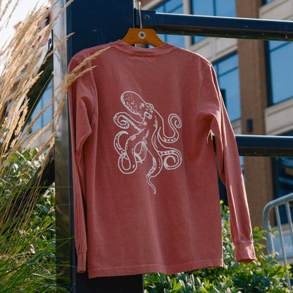 FRESH COAST HOCKEY CO. Catch & Release Octopus Heavyweight Long Sleeve T-Shirt: Brick Red