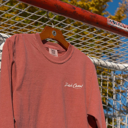 FRESH COAST HOCKEY CO. Catch & Release Octopus Heavyweight Long Sleeve T-Shirt: Brick Red