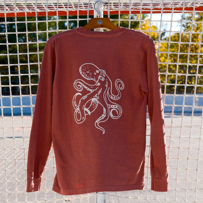 FRESH COAST HOCKEY CO. Catch & Release Octopus Heavyweight Long Sleeve T-Shirt: Brick Red