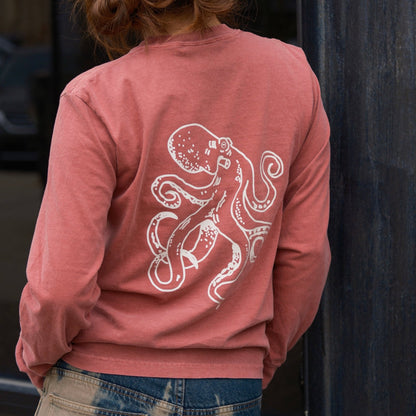 FRESH COAST HOCKEY CO. Catch & Release Octopus Heavyweight Long Sleeve T-Shirt: Brick Red