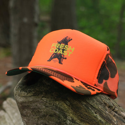 FRESH COAST HOCKEY CO. Backwoods Blaze Camo Trucker Snapback Hat: Orange