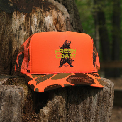 FRESH COAST HOCKEY CO. Backwoods Blaze Camo Trucker Snapback Hat: Orange