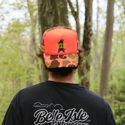 FRESH COAST HOCKEY CO. Backwoods Blaze Camo Trucker Snapback Hat: Orange