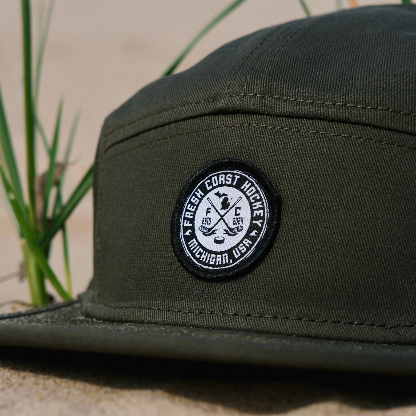 FRESH COAST HOCKEY CO. Badge Patch Camper Hat: Dark Olive Green