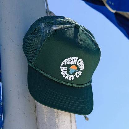 FRESH COAST HOCKEY CO. Golden Hour Trucker Snapback Hat: Dark Green