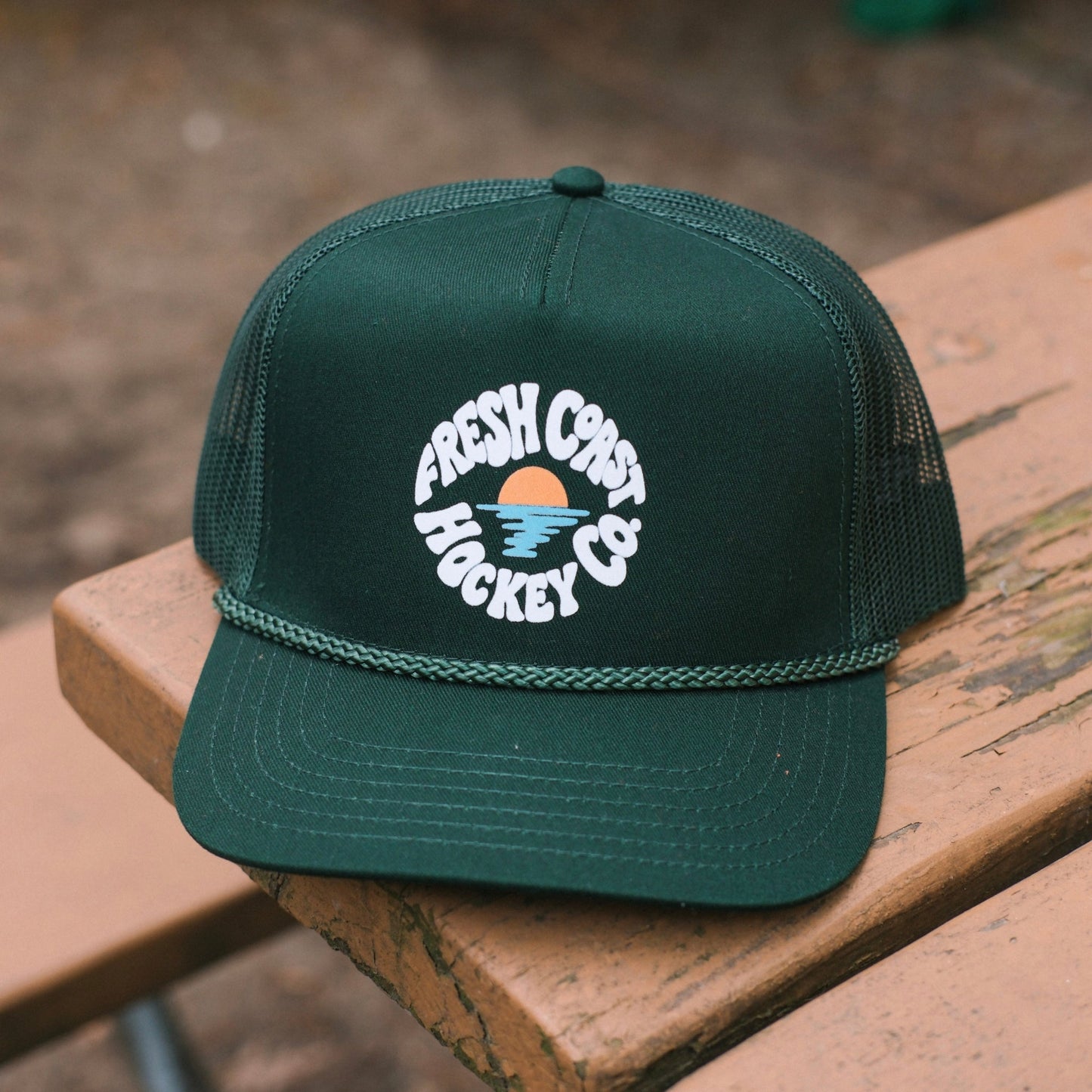 FRESH COAST HOCKEY CO. Golden Hour Trucker Snapback Hat: Dark Green