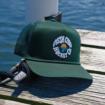 FRESH COAST HOCKEY CO. Golden Hour Trucker Snapback Hat: Dark Green