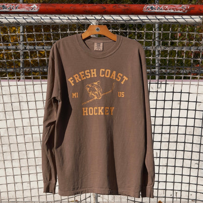 FRESH COAST HOCKEY CO. Northwood Bear Heavyweight Long Sleeve T-Shirt: Brown/Orange