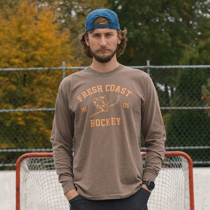 FRESH COAST HOCKEY CO. Northwood Bear Heavyweight Long Sleeve T-Shirt: Brown/Orange