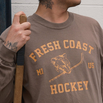 FRESH COAST HOCKEY CO. Northwood Bear Heavyweight Long Sleeve T-Shirt: Brown/Orange