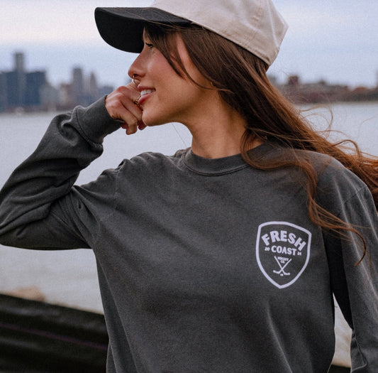 FRESH COAST HOCKEY CO. Pro-Line Heavyweight Long Sleeve T-Shirt: Pepper/White