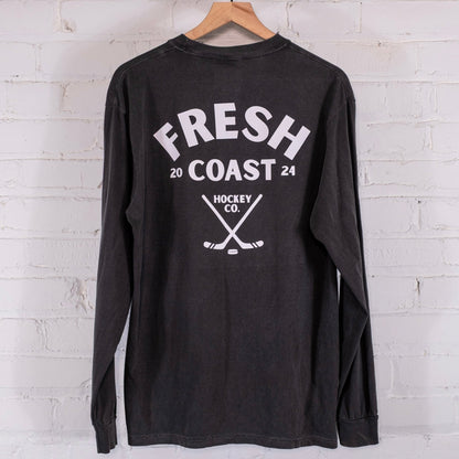 FRESH COAST HOCKEY CO. Pro-Line Heavyweight Long Sleeve T-Shirt: Pepper/White