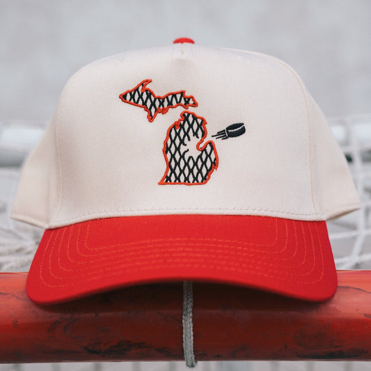 “The Michigan” Hockey Snapback: Cream / Red